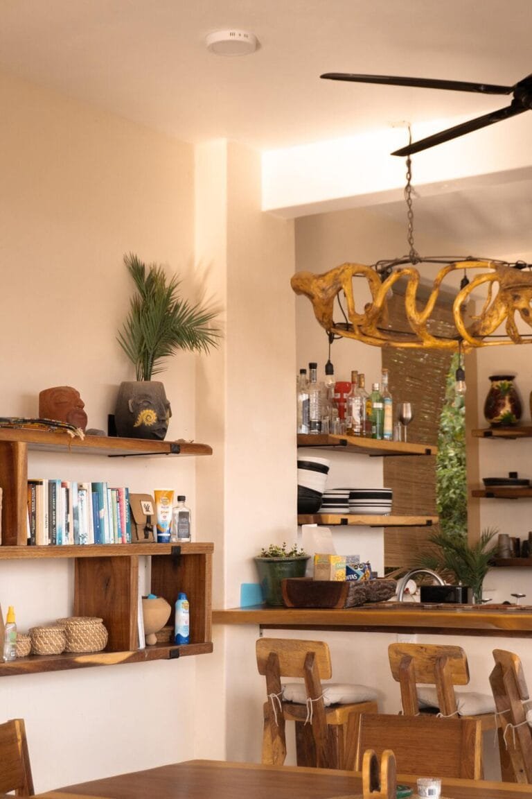 Bar and library area with driftwood chandelier