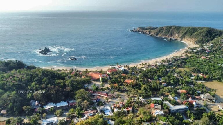 Aerial view of Mazunte bay and town, Oaxaca