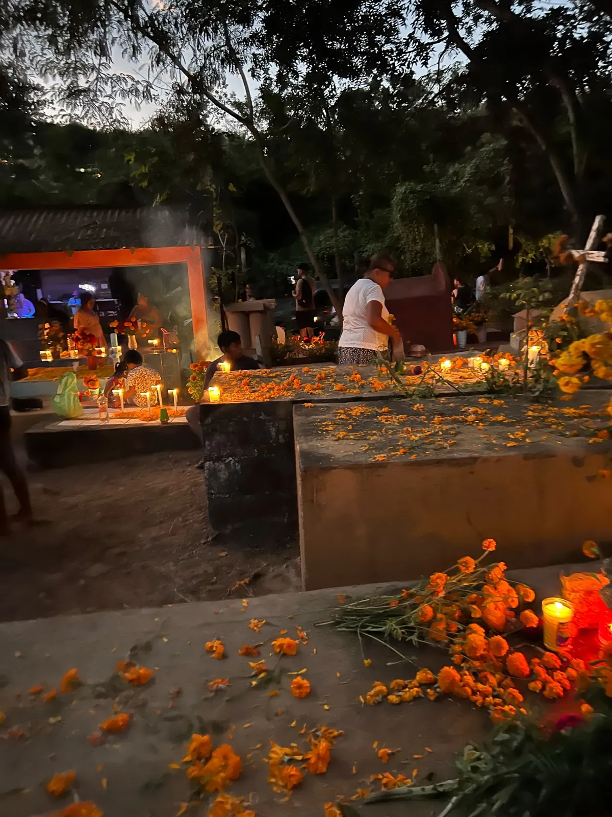 Familias reunidas entre las tumbas del panteón de Mazunte durante el Día de Muertos