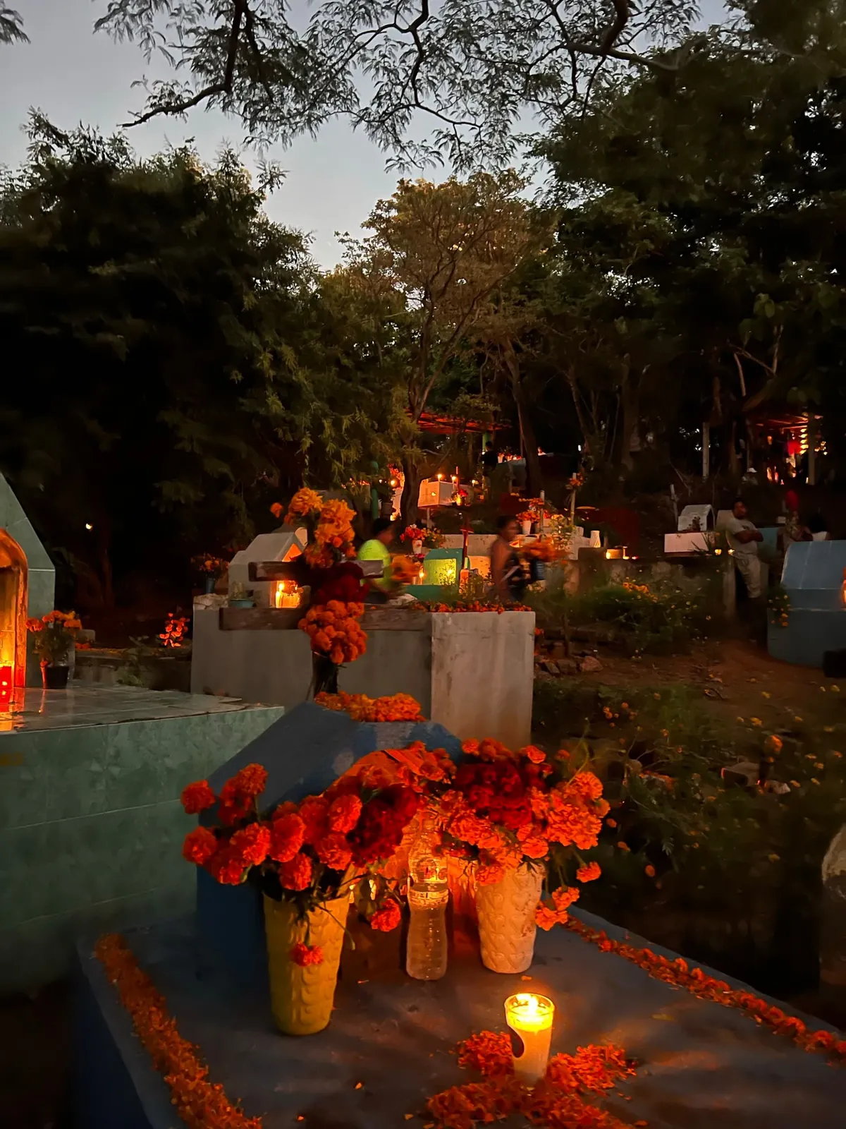 Panteón de Mazunte al atardecer con tumbas adornadas con flores y velas por Día de Muertos